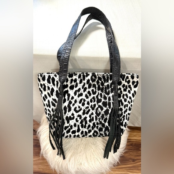 Raviani Black and White Leopard Print Bag with Black Fringe Tassels - Picture 2 of 9